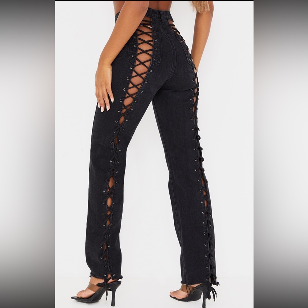 Washed black lace back straight leg jeans